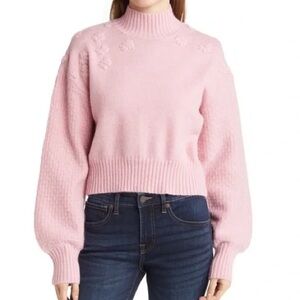 Pink Mock Neck Floral Knit Sweater